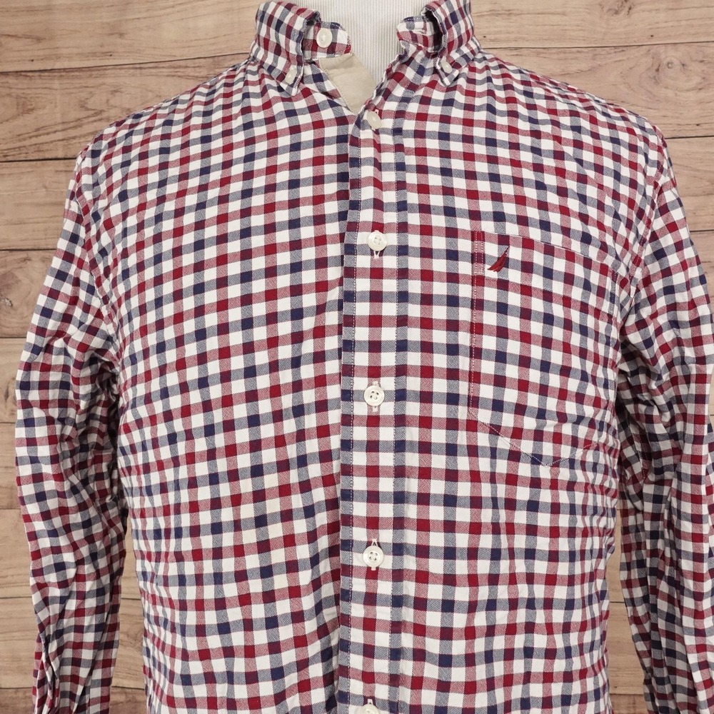 Nautica Shirt Mens L Red Blue Check Long Sleeve Button-Up Cotton Pocket Casual